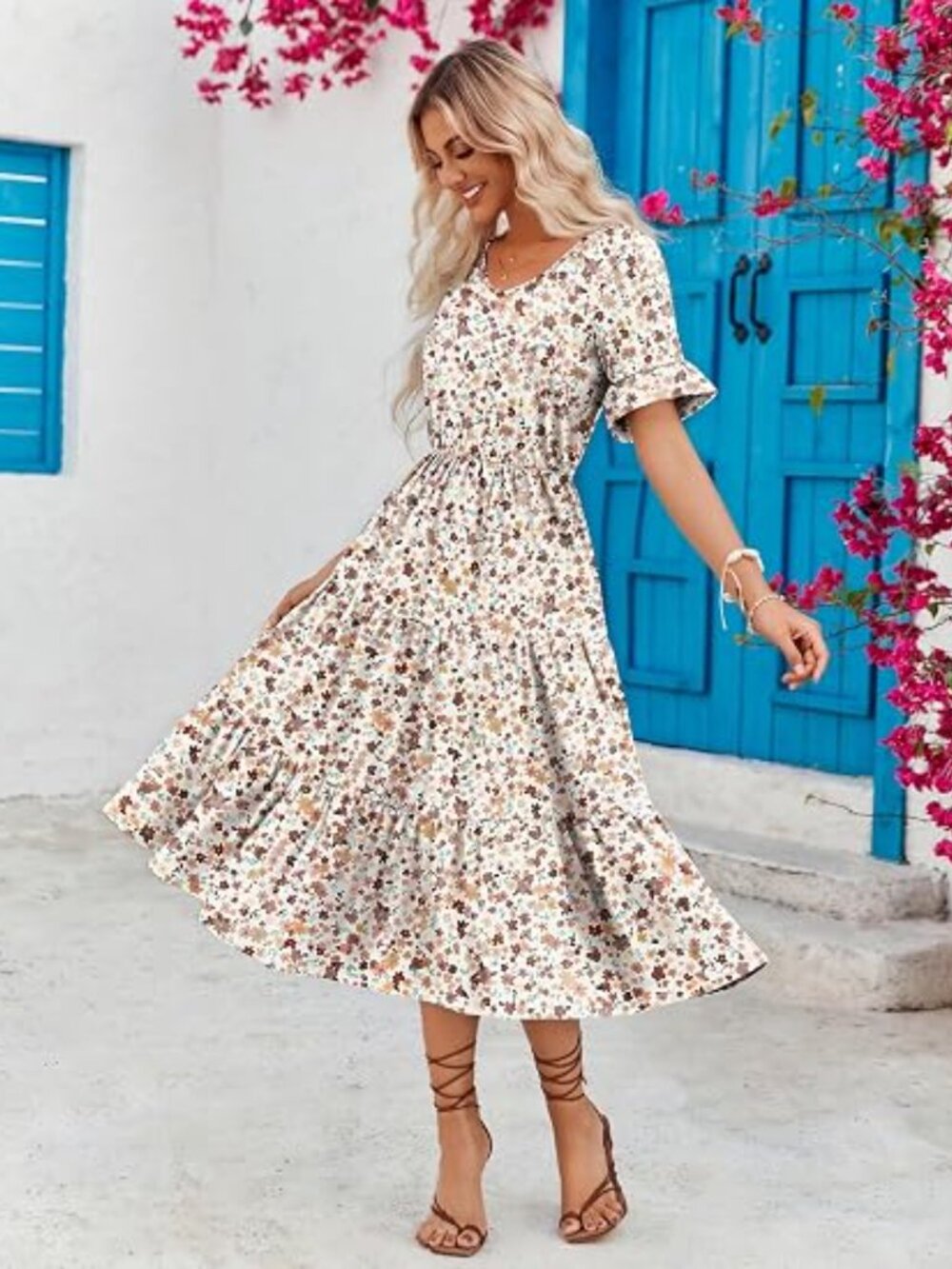 Women's Summer Dresses Midi Tiered Casual Dress Floral V Neck Ruffle Short Sleev - Picture 2 of 5